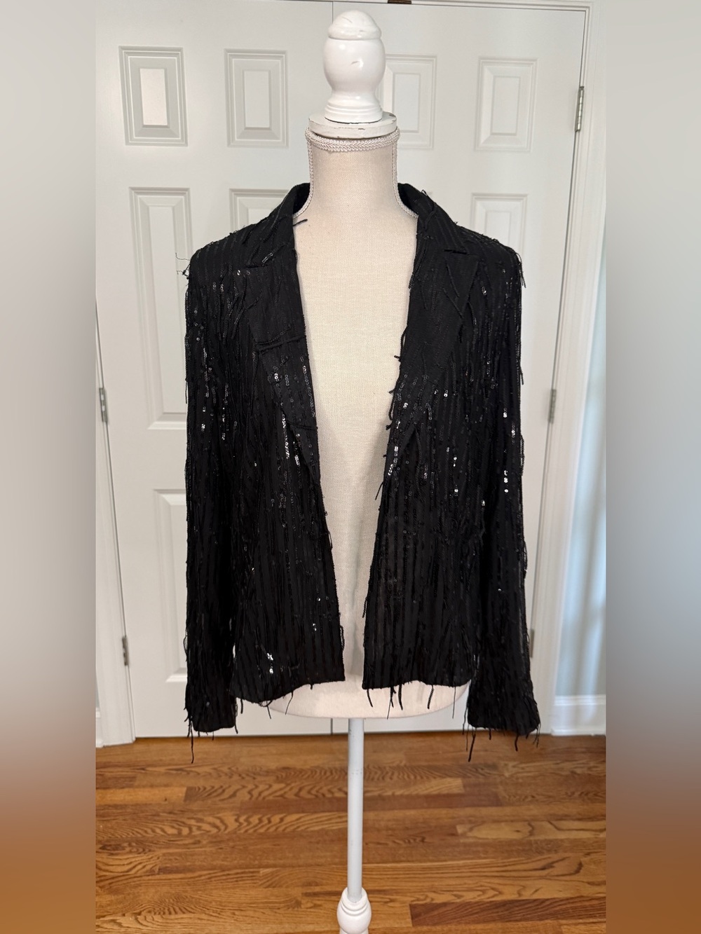 Nanette Lepore Mila Fringe Sequin Cardigan Jacket Black Open Front Size M